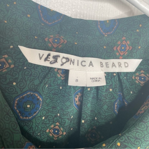 Veronica Beard Rowena Silk Button Down in Emerald Green Token Motif Print 8 - Picture 13 of 15